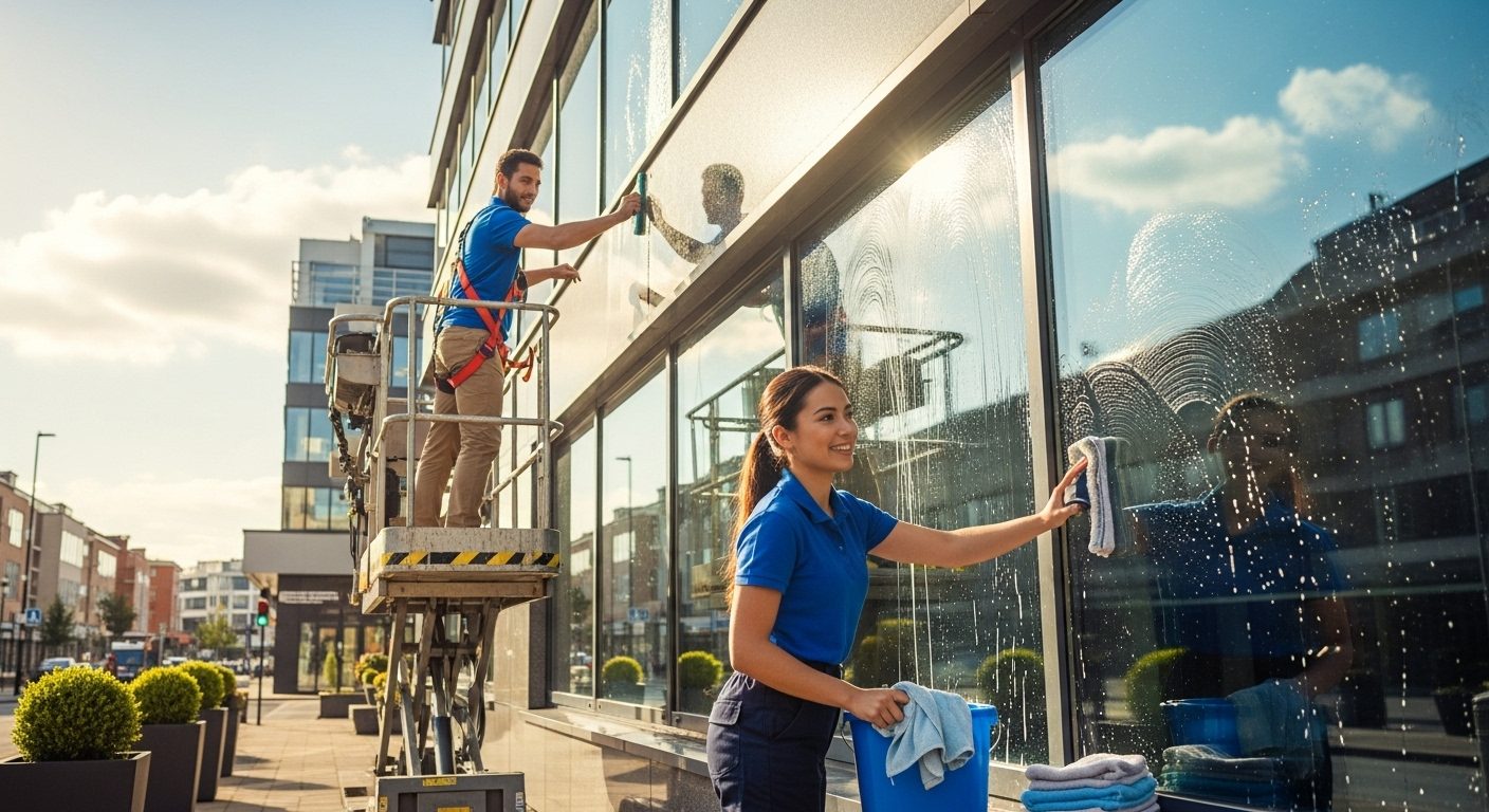Professional window cleaning team using aerial lift platform to clean commercial storefront windows in urban area