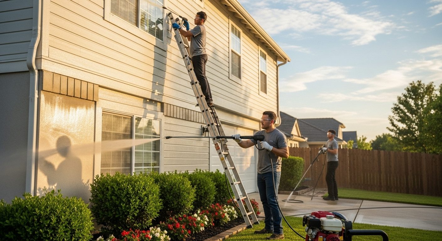 Professional window cleaning and house washing team cleaning residential home exterior in Chicago suburbs with ladder and power washing equipment