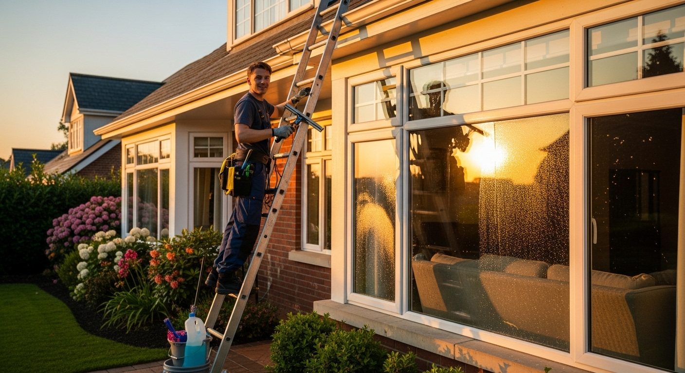 Licensed window washing professional on ladder cleaning second-story home windows at sunset with cleaning supplies and equipment