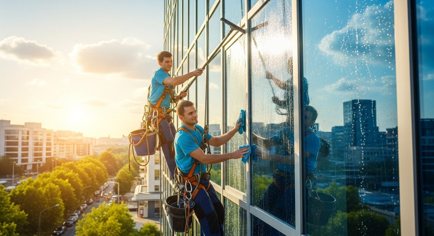 Two professional window cleaners using safety equipment for high-rise commercial window cleaning services on office building