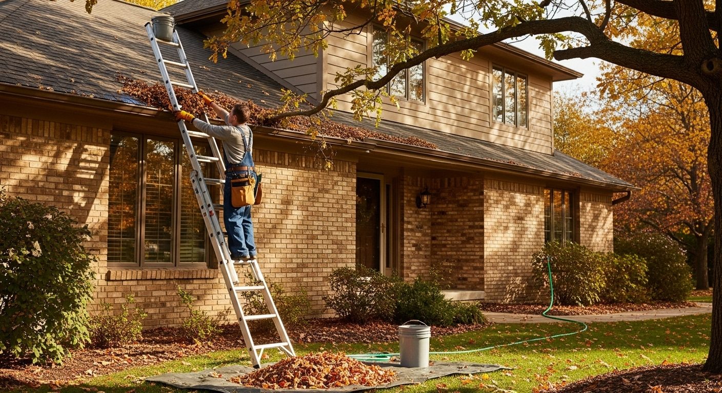 Professional gutter cleaner removing fall leaves from brick home gutters in Chicago suburbs during autumn