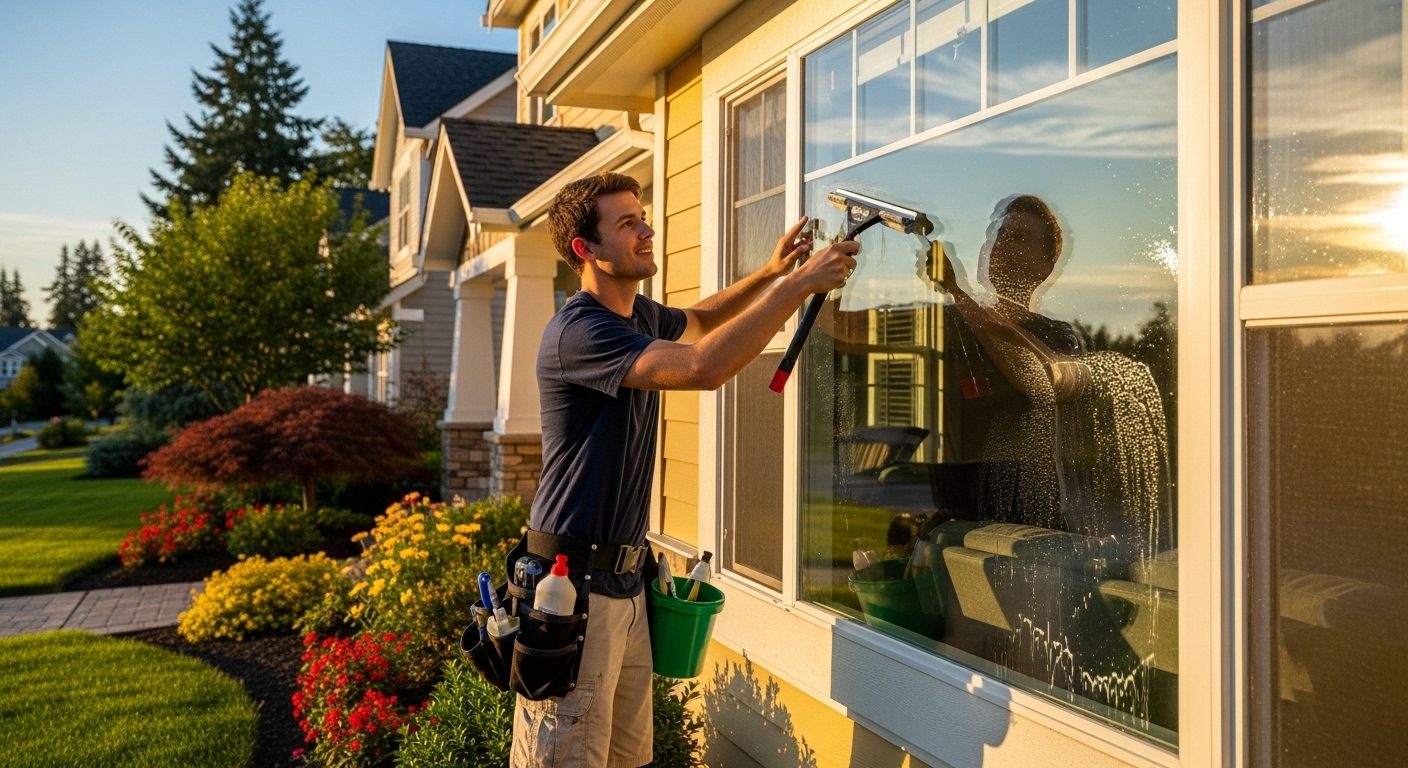 Professional window cleaner using squeegee on suburban home exterior windows during golden hour in Chicago area
