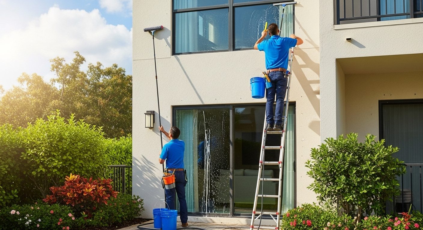 Professional window washing team cleaning residential home exterior windows in Chicago suburbs with ladder and squeegee