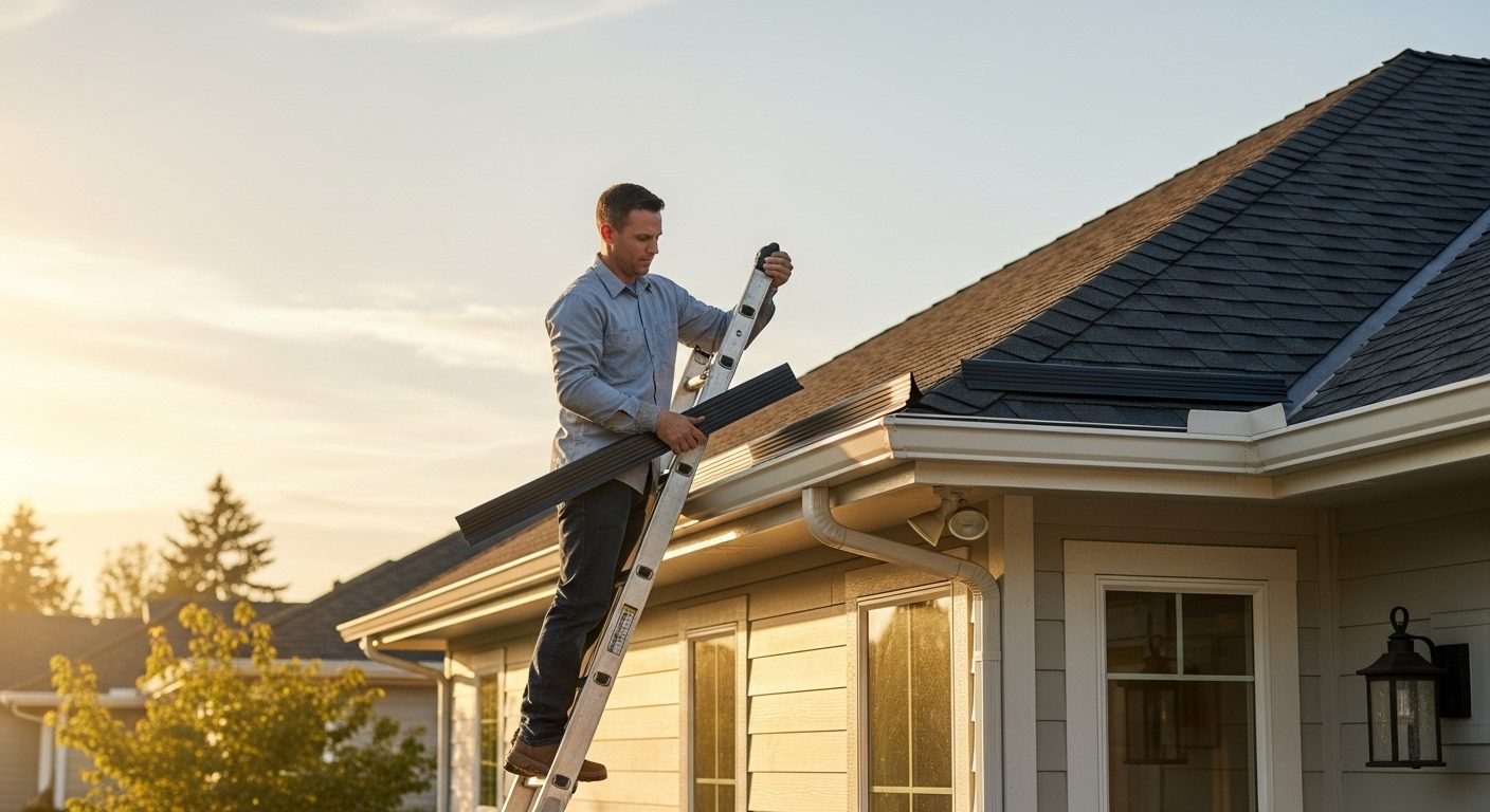 Professional gutter cleaning and Shur Flo Hydro Flo guard installation technician on ladder at residential Chicago home